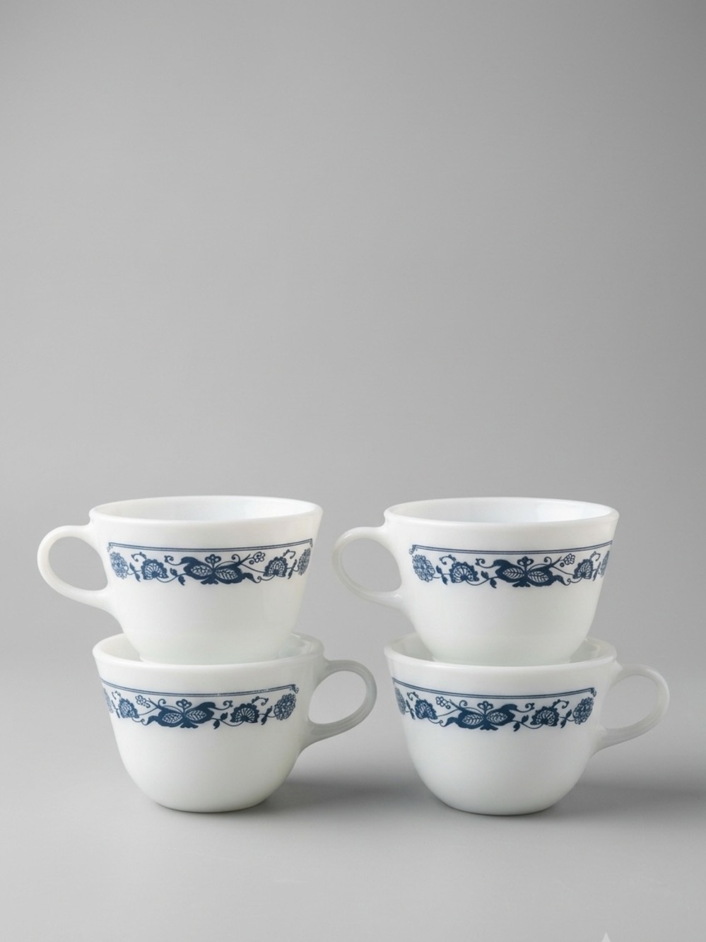 Vintage Pyrex Corning Old Town Blue Milk Glass 8 Ounce Tea Coffee Cups Set of 4